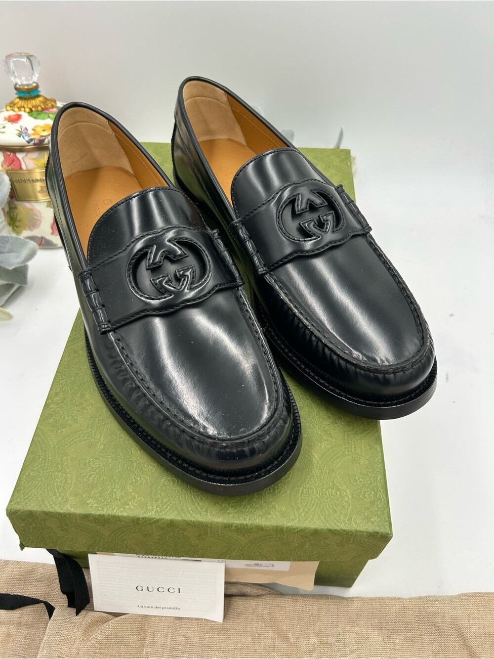 Men’s Gucci interlocking GG leather loafers size 10 fits 10.5 US made in Italy